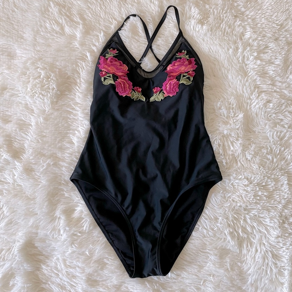 Women’s Black Floral One Piece Swimsuit, M